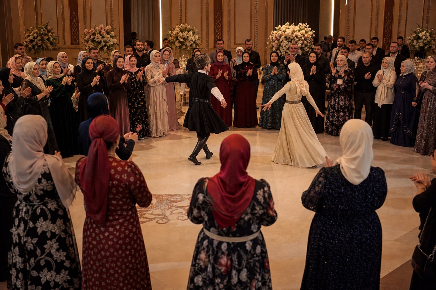 People dancing at a traditional Chechen wedding
