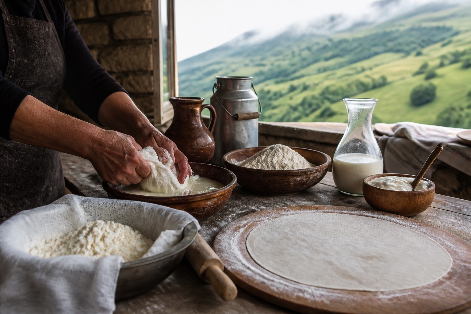 Mountain cheese and dough preparation