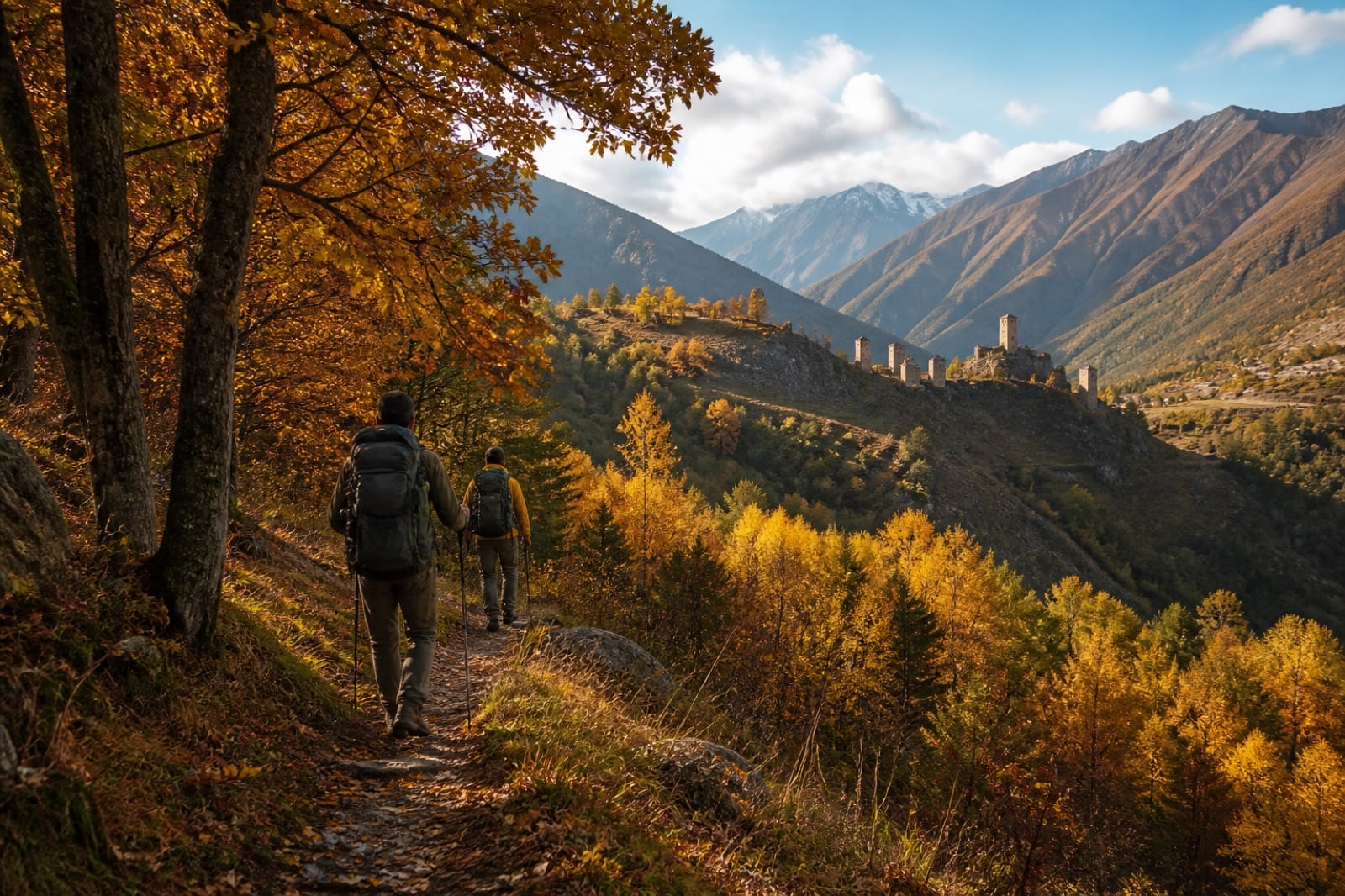 Hikers approaching historic towers on an autumn mountain slope