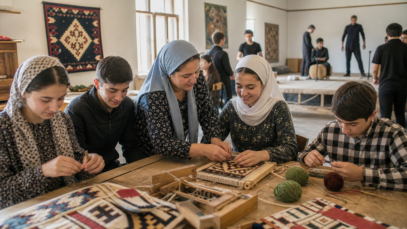 Young people working on traditional weaving in a cultural workshop