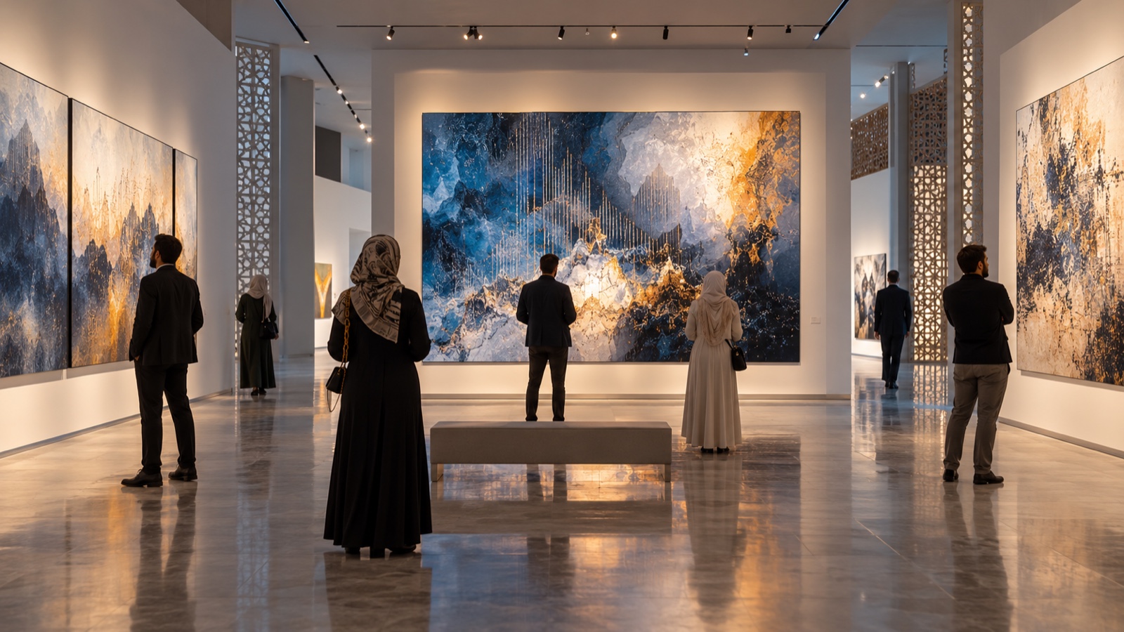 Visitors viewing digital art in a contemporary gallery