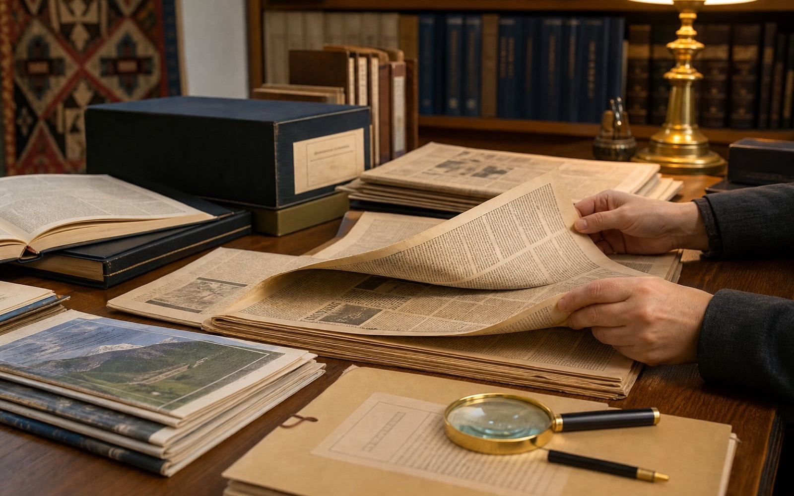 Open books, newspapers and archive boxes on a reading desk