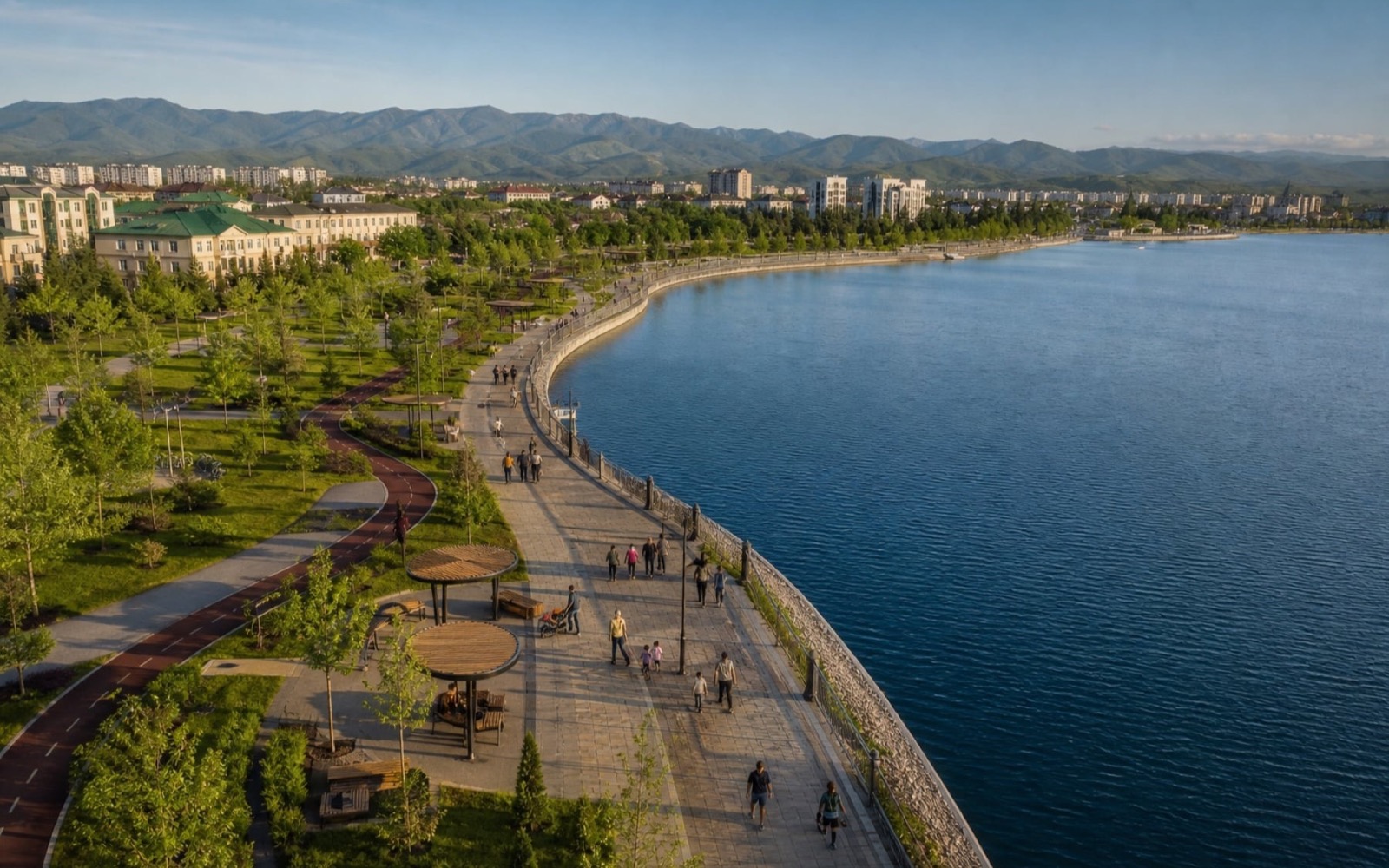 The Grozny Sea promenade with mountains on the horizon