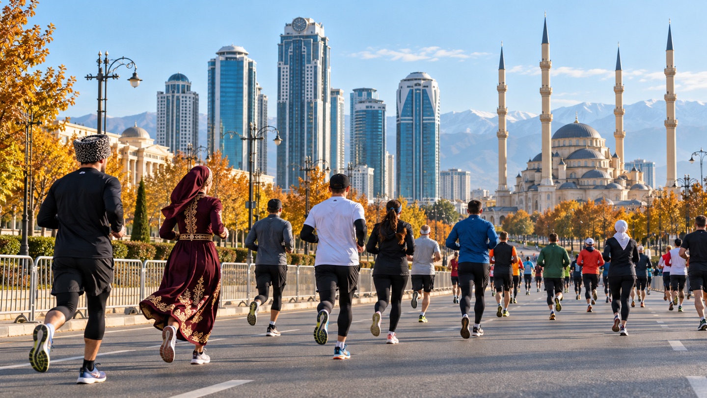 Sonbaharda Grozni merkezindeki geniş caddede koşan sporcular