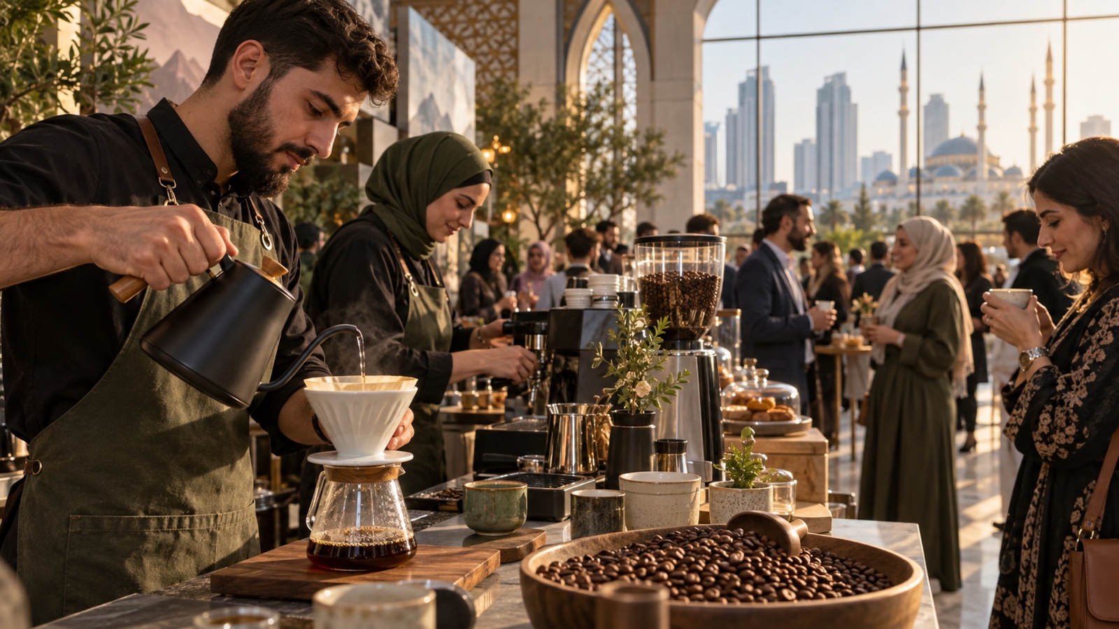 Baristas brewing coffee for visitors at a coffee festival