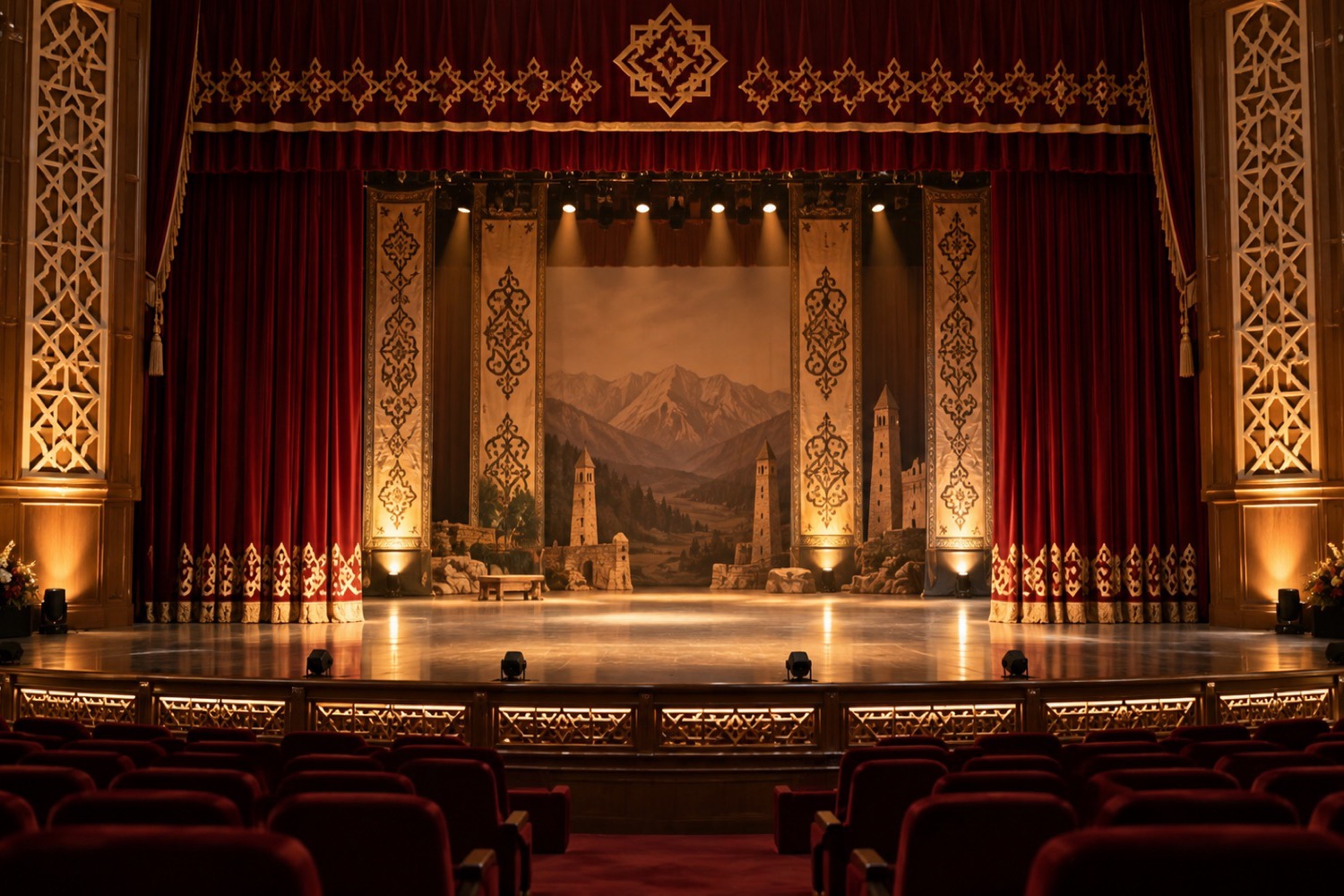 A theatre with red curtains and warm stage lights