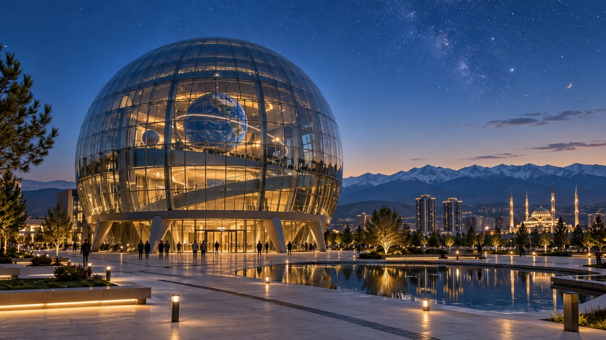 A spherical glass science centre and visitors at blue hour