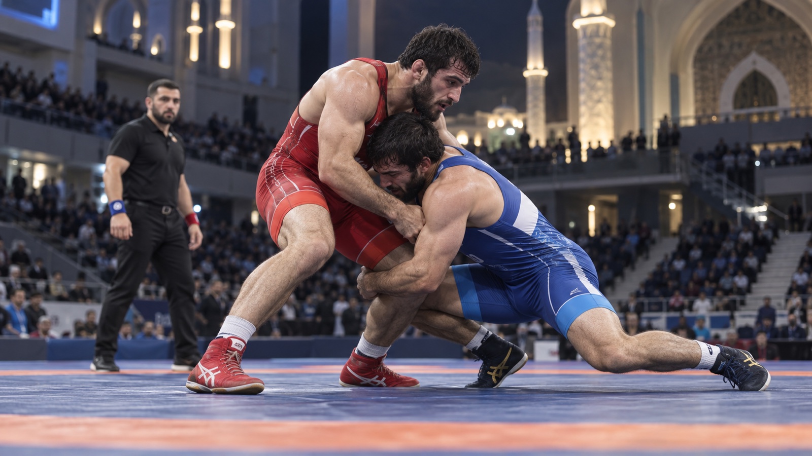 Two freestyle wrestlers competing in an indoor arena