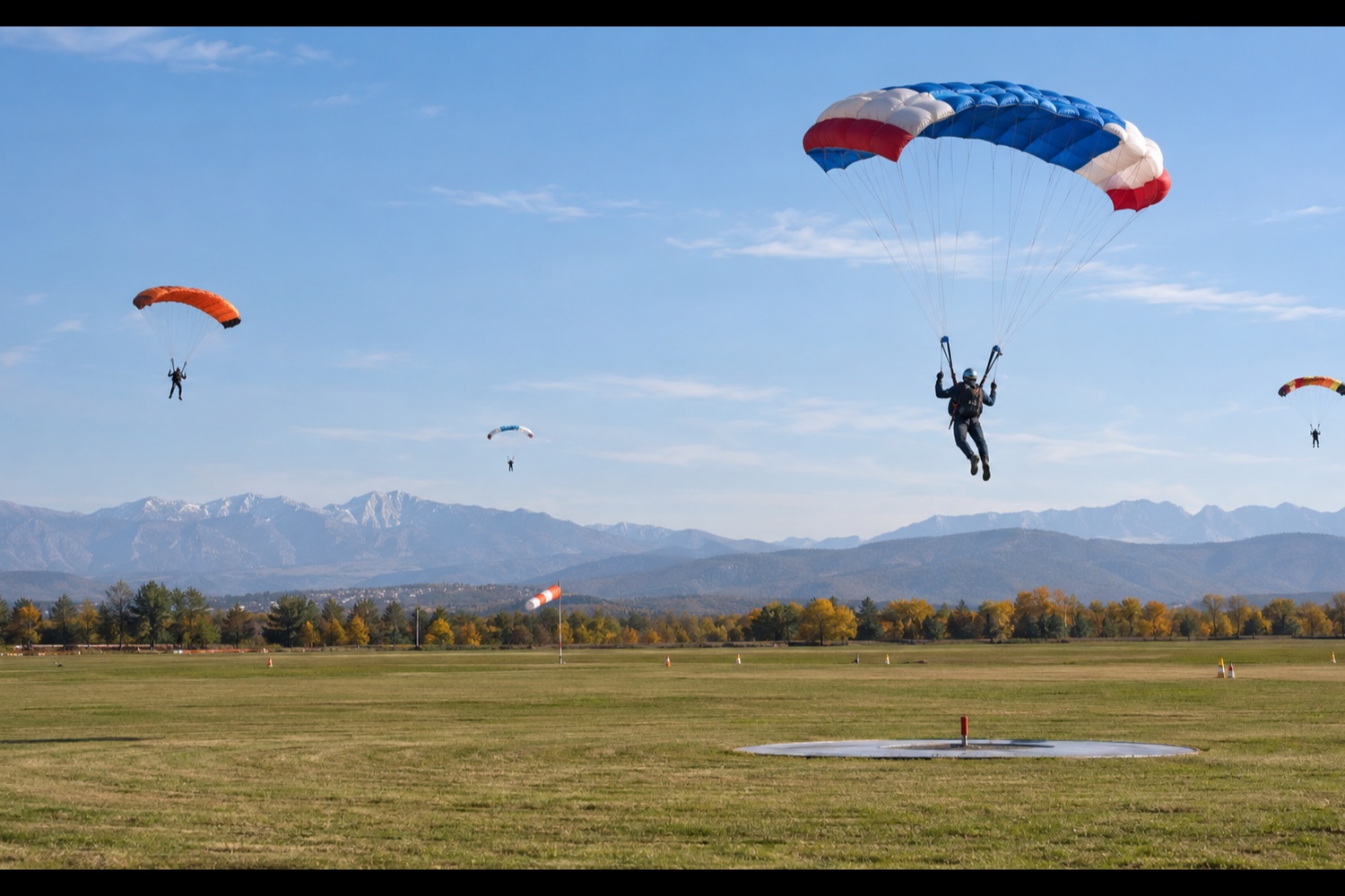 Parachutists approaching an airfield with mountains beyond