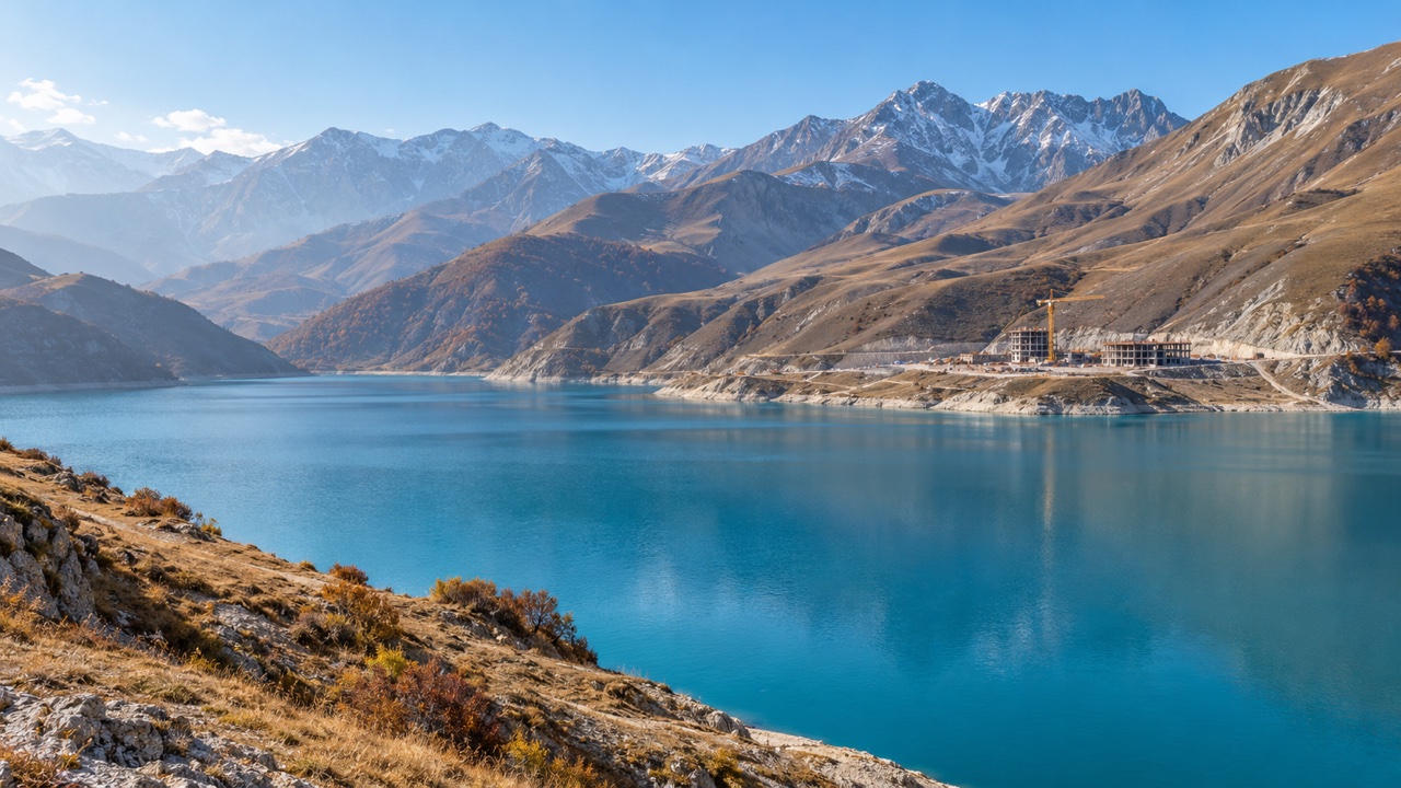 Hotel construction on the distant shore of a turquoise mountain lake