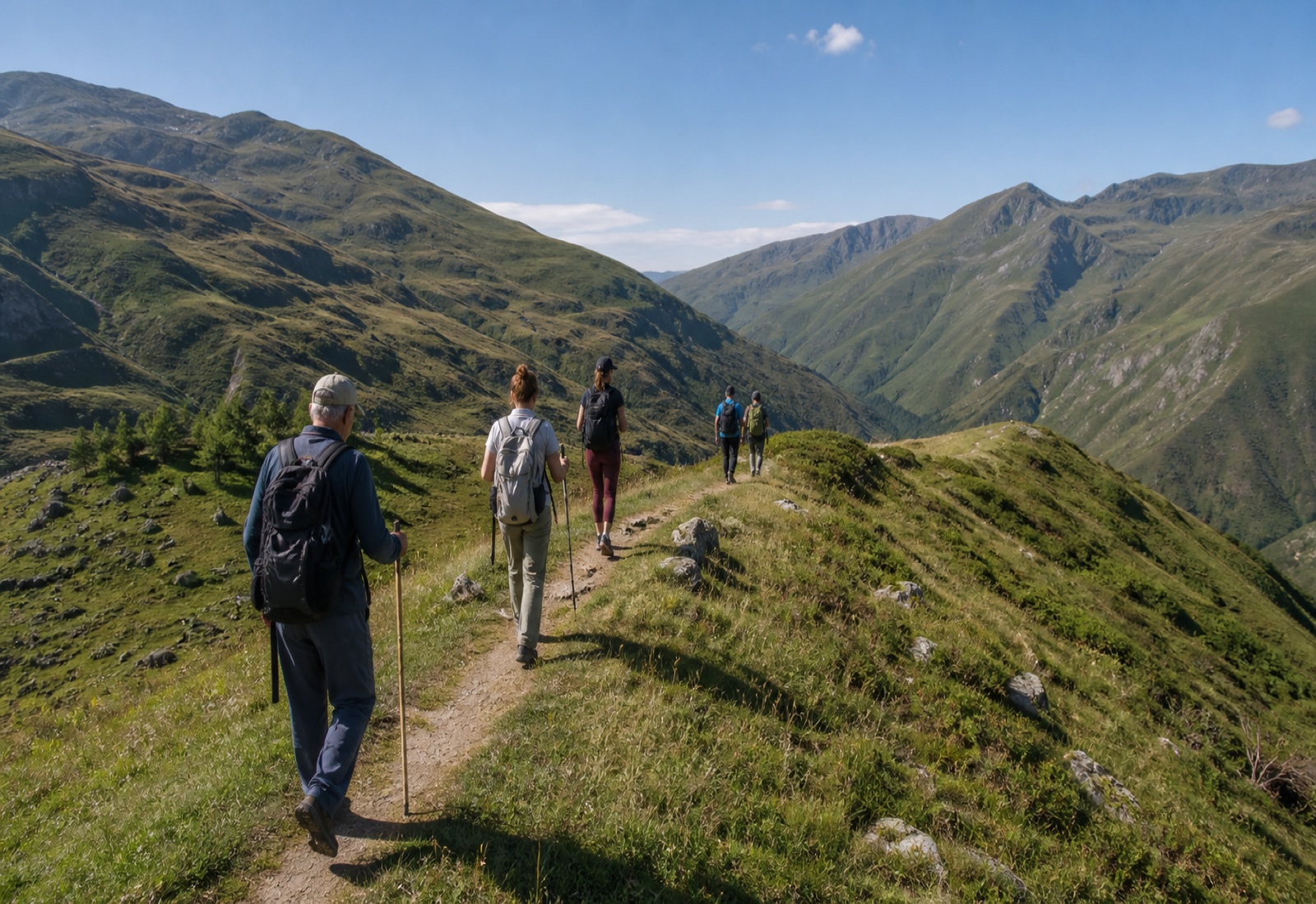 A small group hiking a trail through the Veduchi mountains