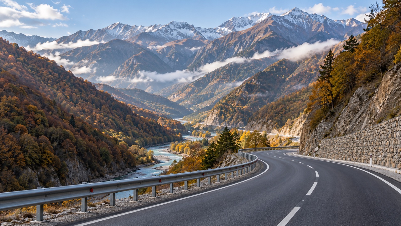 An upgraded mountain road winding through the Argun Valley towards Veduchi